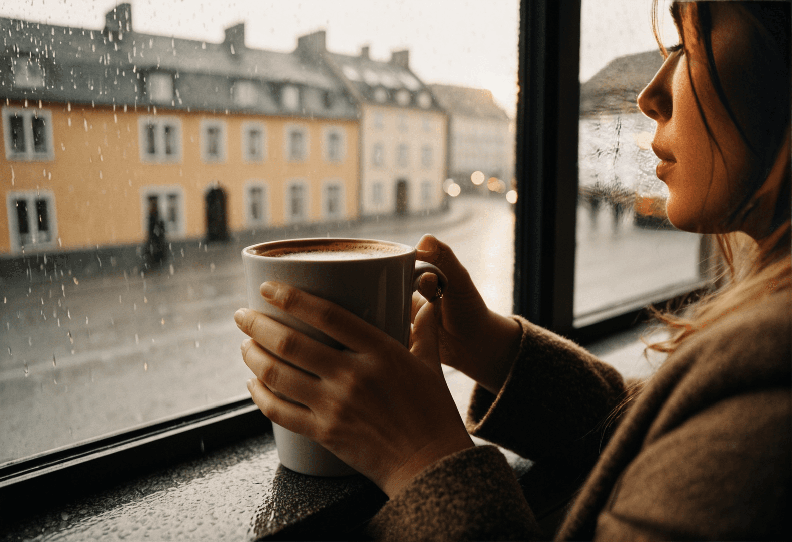 Paar mit Rucksack vor einem Bahnhof in einer deutschen Altstadt