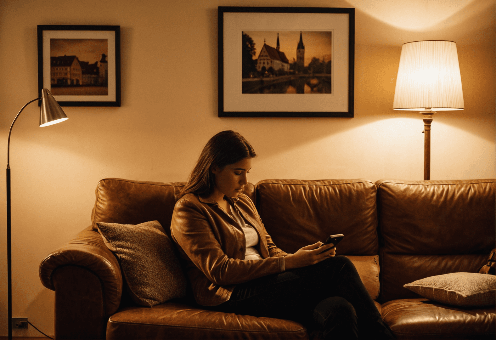 Frau am Weihnachtsbaum telefoniert lächelnd per Video