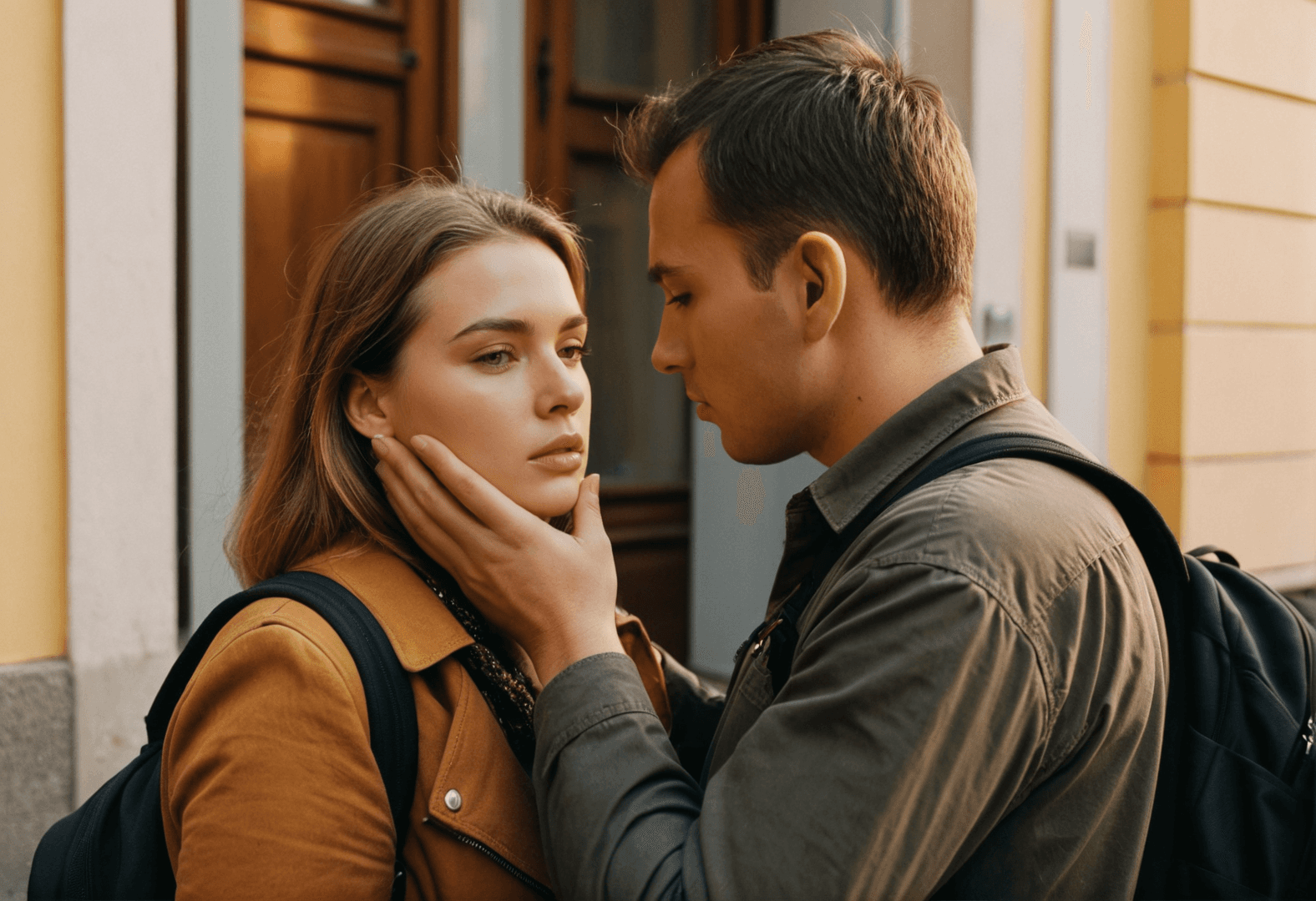Frau allein am Fenster in der Abenddämmerung