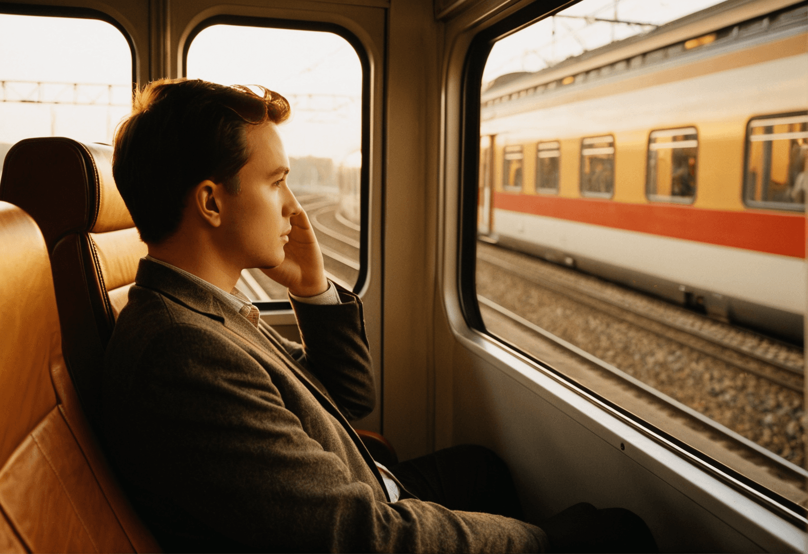 Paar umarmt sich auf einem Bahnsteig