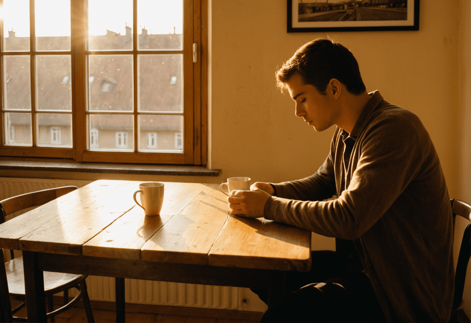 Paar sitzt nachdenklich zusammen am Tisch