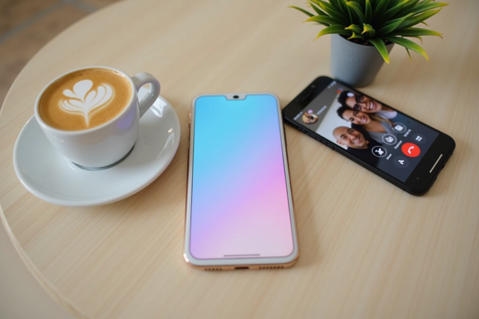 Smartphone auf einem Holztisch mit Chat-Nachrichten