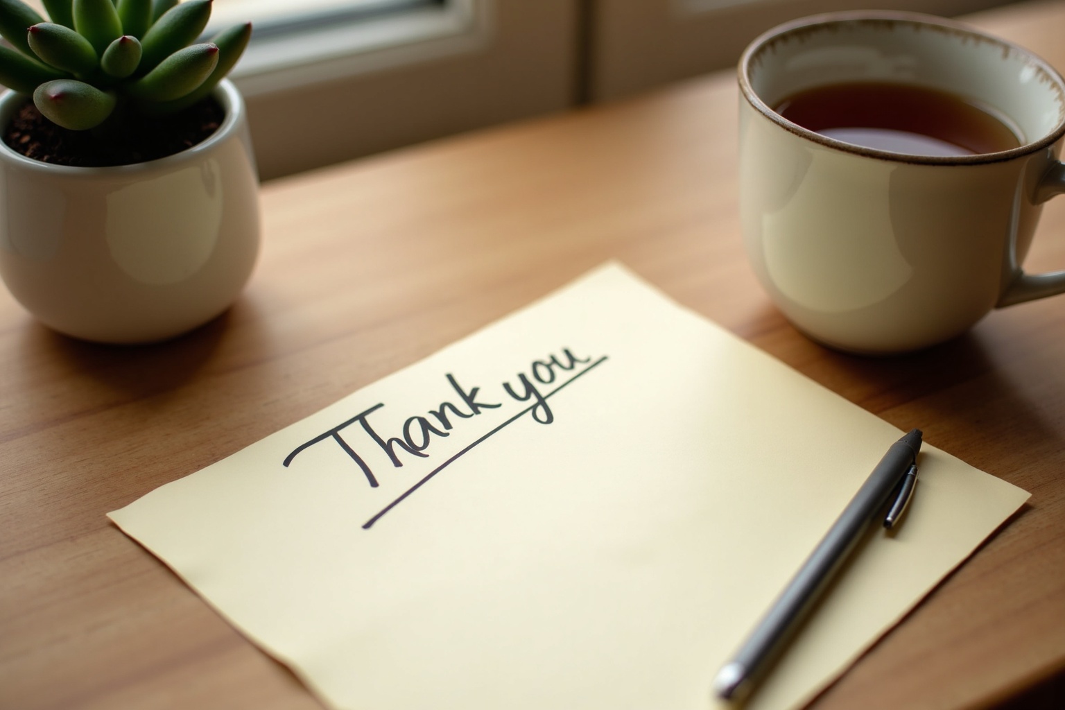 Handgeschriebene Dankeskarte neben einer Tasse Tee