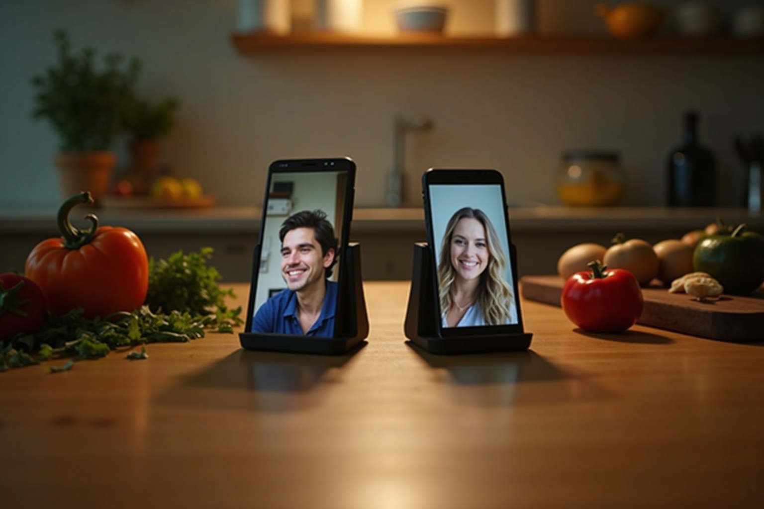 Mann hält Kochzutaten vor Laptop-Kamera