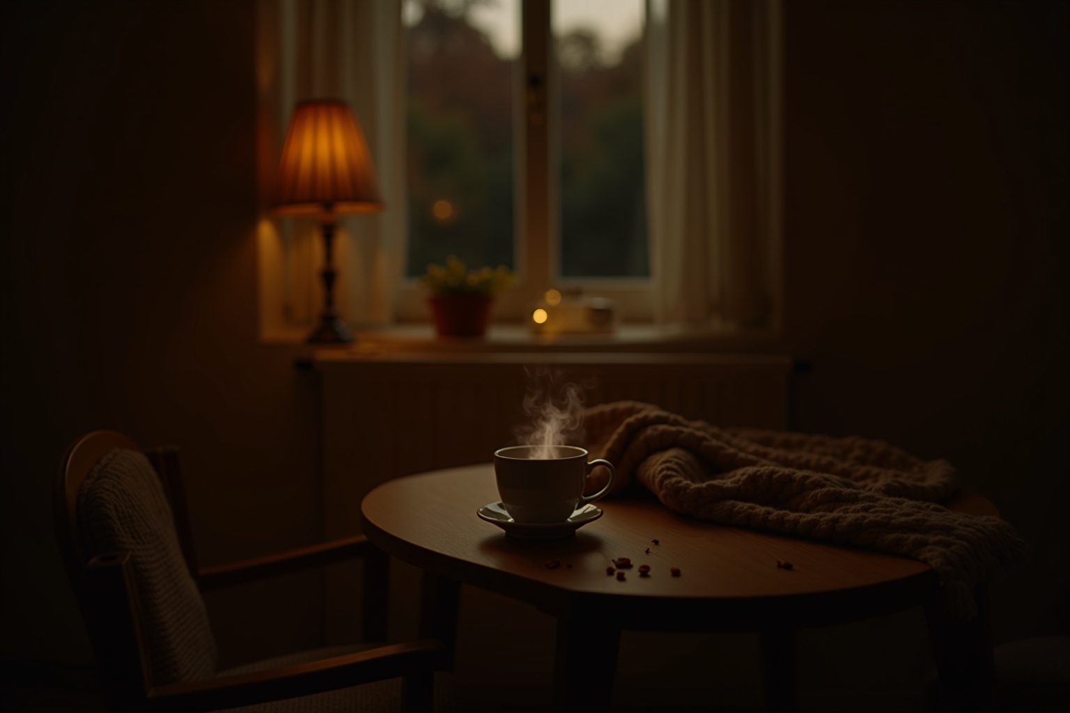Frau sitzt allein mit Teetasse am Fenster im Winter