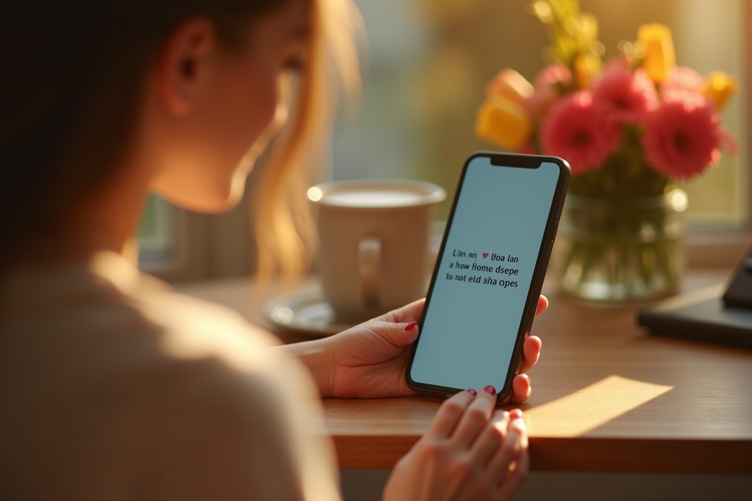 Person tippt liebevoll eine Nachricht aufs Handy