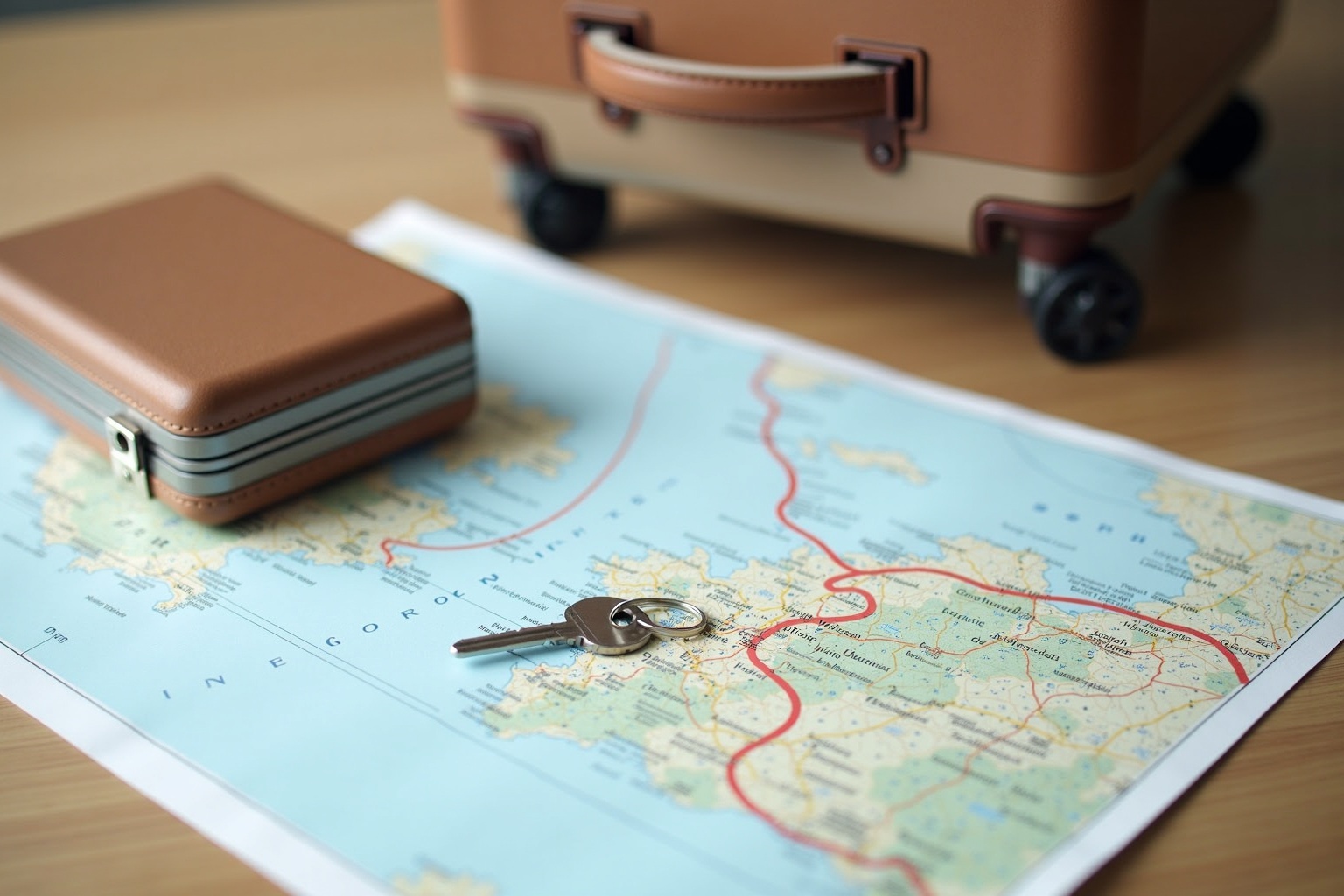 Koffer steht neben einem Wegweiser mit zwei Richtungen