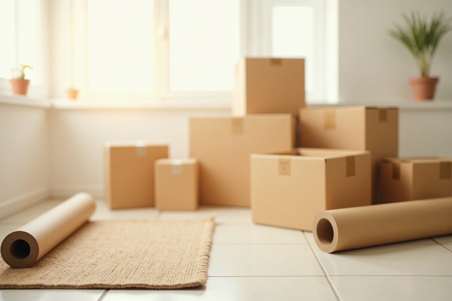Umzugskartons in einer leeren Wohnung mit Blick aus dem Fenster auf eine neue Stadt