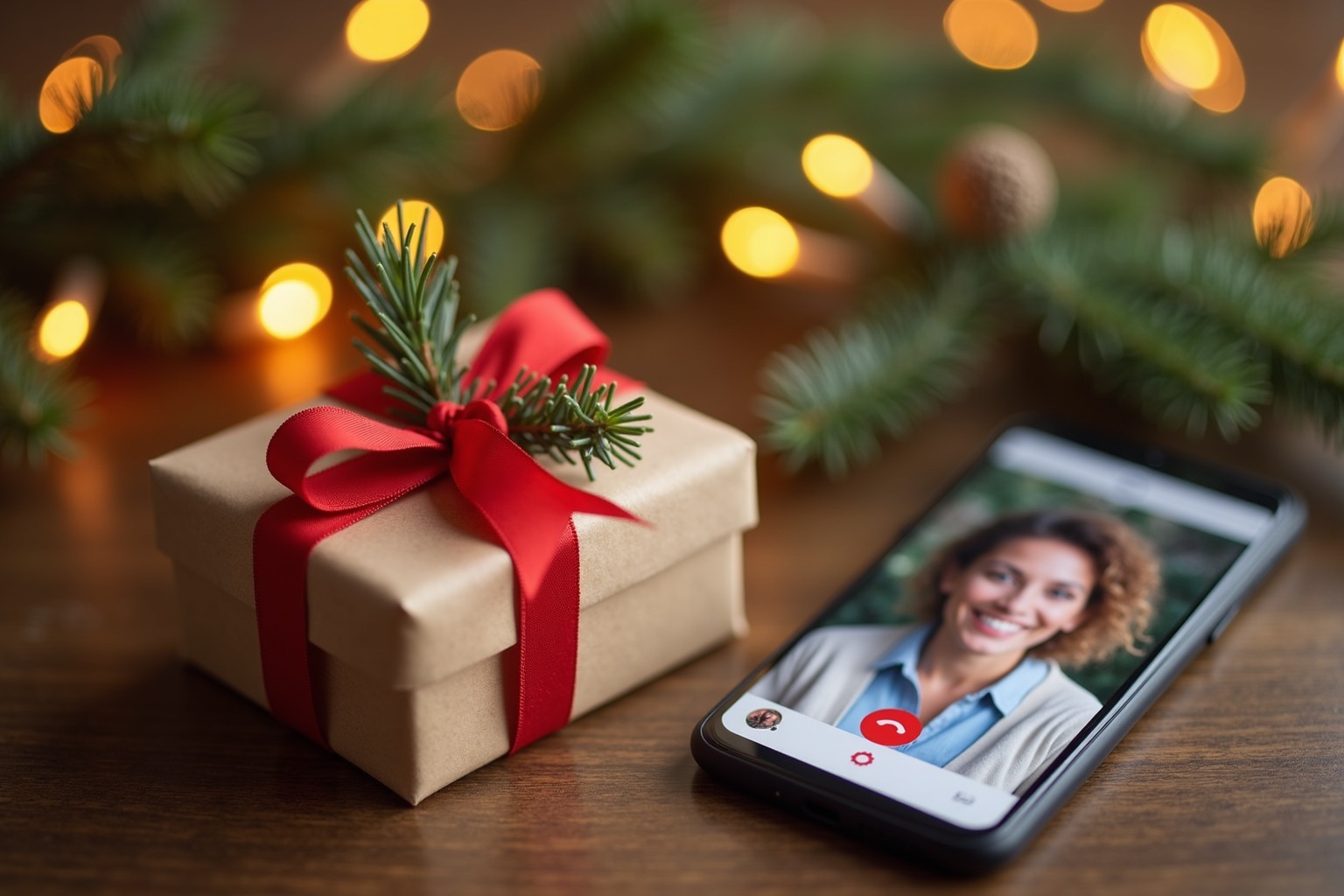 Frau am Weihnachtsbaum telefoniert lächelnd per Video